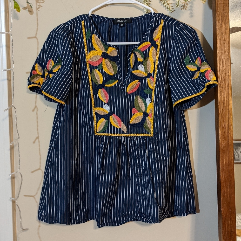 Madewell Navy Striped Blouse with Colorful Embroidery
